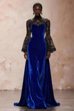 Black Velvet High Neck Evening Dress with Lace