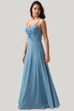 A Line Spaghetti Straps Ruffled Grey Blue Maxi Dress with Criss Cross Back