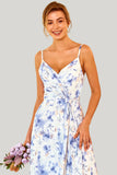 Blue Floral Print A Line Spaghetti Straps Maxi Dress with Slit