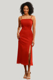 Red Chiffon Mermaid Spaghetti Straps Tea Length Dress with Slit