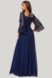 Navy A Line Long Sleeves Corset Maxi Dress with Long Sleeves