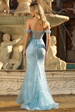 Off The Shoulder Blue Mermaid Corset Sequin Prom Dress With Slit