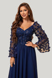 Navy A Line Long Sleeves Corset Maxi Dress with Long Sleeves