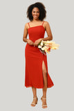 Red Chiffon Mermaid Spaghetti Straps Tea Length Dress with Slit
