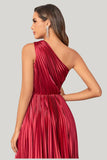 Burgundy Asymmetrical A Line One Shoulder Tea Length Midi Dress