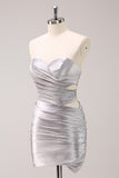 Glitter Beading Pleated Tight Strapless Grey Homecoming Dress