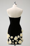 Black Strapless Tight Mini Dress with Flowers