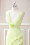 Lemon Sheath Deep V Neck Ruffles Maxi Dress with Slit