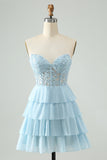 Light Blue A Line Sweetheart Tiered Mini Dress with Appliques