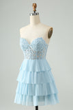 Light Blue A Line Sweetheart Tiered Mini Dress with Appliques