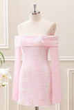Sparkly Pink Off the Shoulder Sequined Tight Mini Dress with Long Sleeves