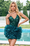 Sparkly Sequined Dark Green V Neck Detachable Skirt Tight Mini Dress