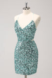 Sparkly Blue Tight Lace-Up Back Mini Dress with Slit