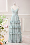 Grey Green Spaghetti Straps Maxi Dress with Ruffles
