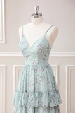 Grey Green Spaghetti Straps Maxi Dress with Ruffles