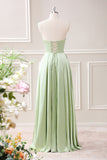 Green A Line Pleated Strapless Keyhole Maxi Dress with Slit
