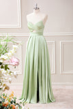 Green A Line Pleated Strapless Keyhole Maxi Dress with Slit