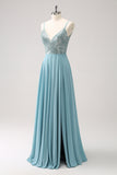 Grey Green A Line Chiffon Ruffle Sequined Backless Maxi Dress with Slit