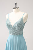 Grey Green A Line Chiffon Ruffle Sequined Backless Maxi Dress with Slit