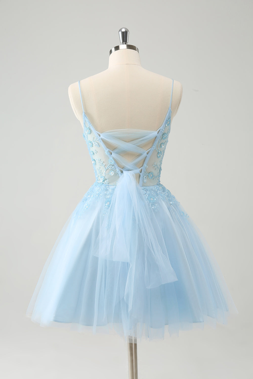 Berylove Women Cute Blue Floral Appliques Mini Dress A Line Tulle Beaded Corset Homecoming Dress with Lace up Back