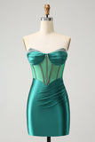 Glitter Dark Green Strapless Corset Tight Mini Dress with Beading