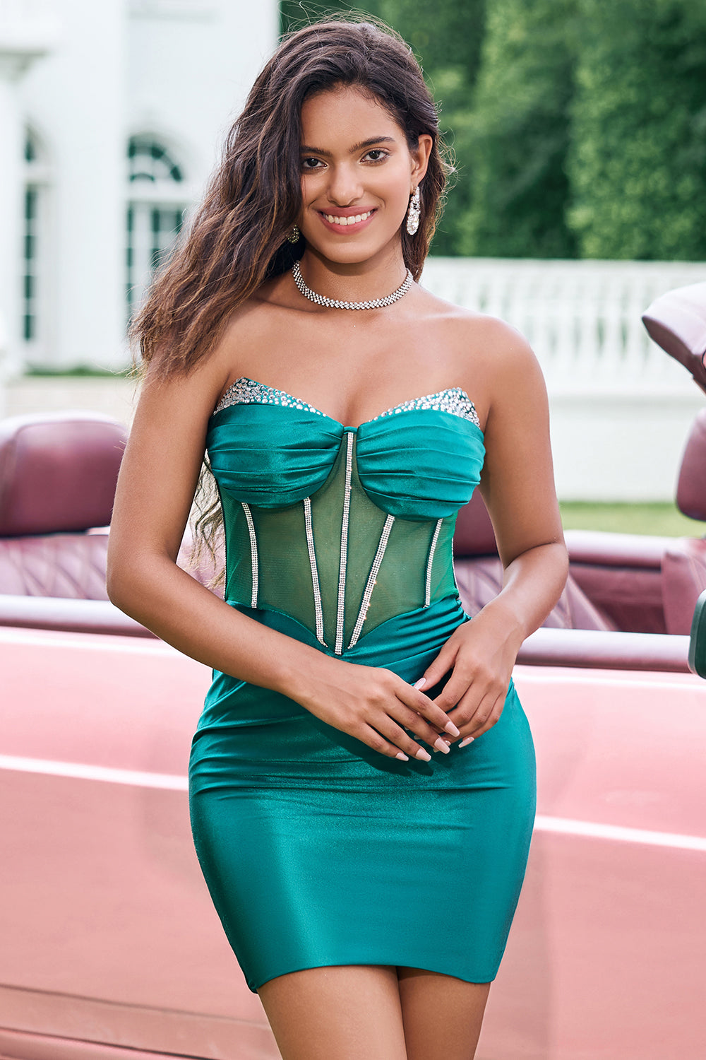 Berylove Women Unique Strapless Dark Green Mini Dress Pleated Beaded Corset Tight Homecoming Dress Berylove Women Unique Strapless Dark Green Mini Dress Pleated Beaded Corset Tight Homecoming Dress