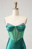Glitter Dark Green Strapless Corset Tight Mini Dress with Beading