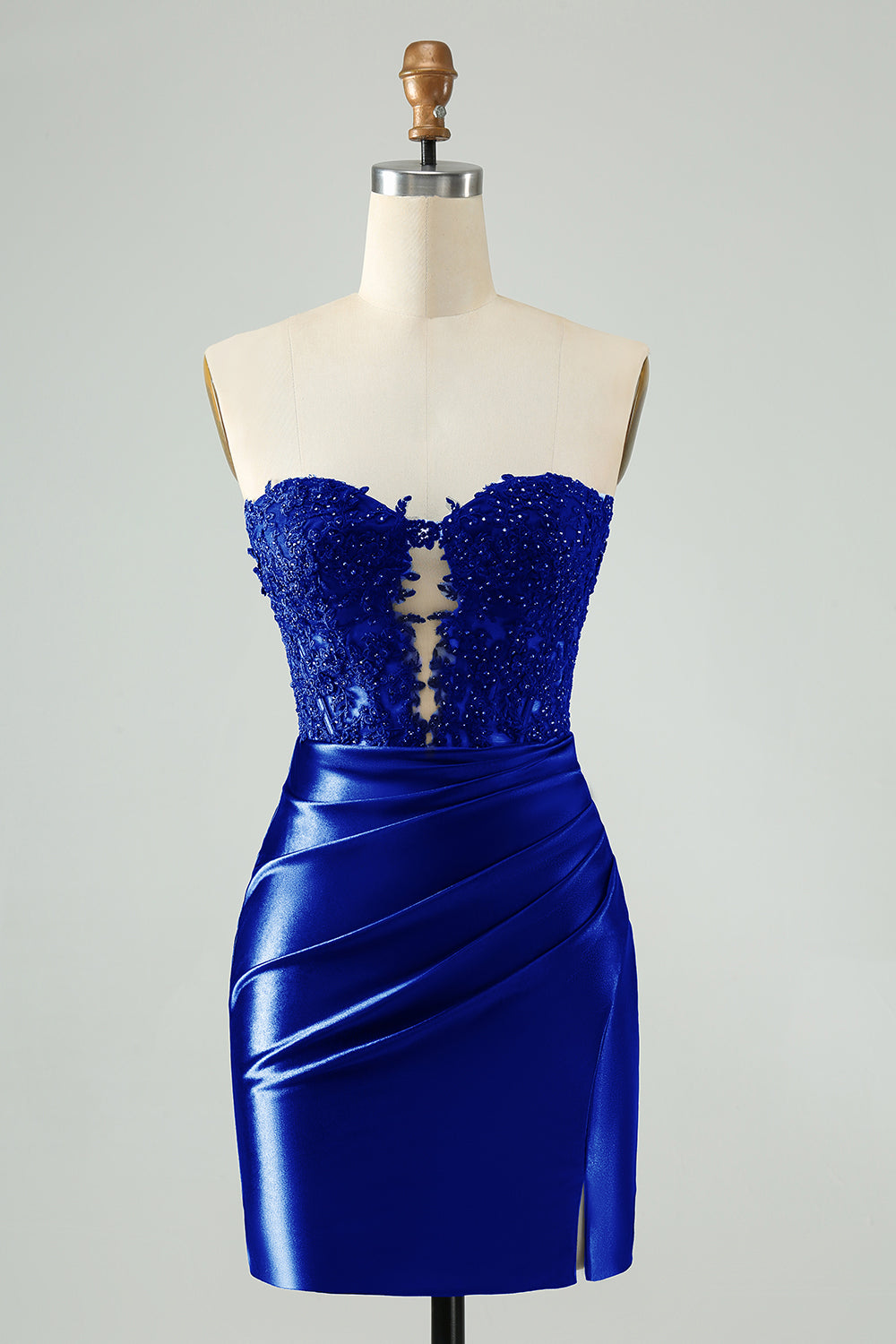 Berylove Women Sparkly Royal Blue Homecoming Dress with Lace Strapless Bodycon Ruched Mini Cocktail Dress with Slit, Royal Blue / US6 Berylove Women Sparkly Royal Blue Homecoming Dress with Lace Strapless Bodycon Ruched Mini Cocktail Dress with Slit, Royal Blue / US6