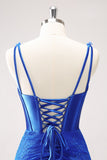 Sparkly Royal Blue Corset Beaded Lace Appliques Tight Mini Dress