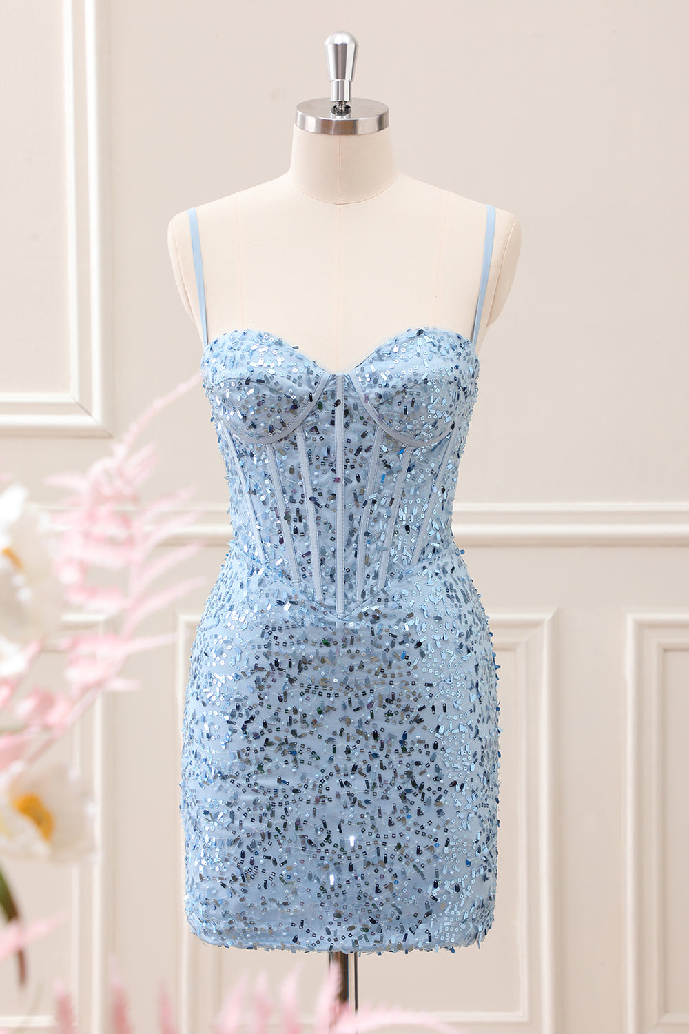 Berylove Women Sparkly Blue Tight Homecoming Dress Spaghetti Straps Corset Sequins Mini Party Dress Berylove Women Sparkly Blue Tight Homecoming Dress Spaghetti Straps Corset Sequins Mini Party Dress