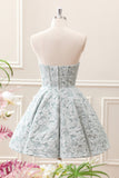 Grey Green A-Line Strapless Corset Floral Mini Dress