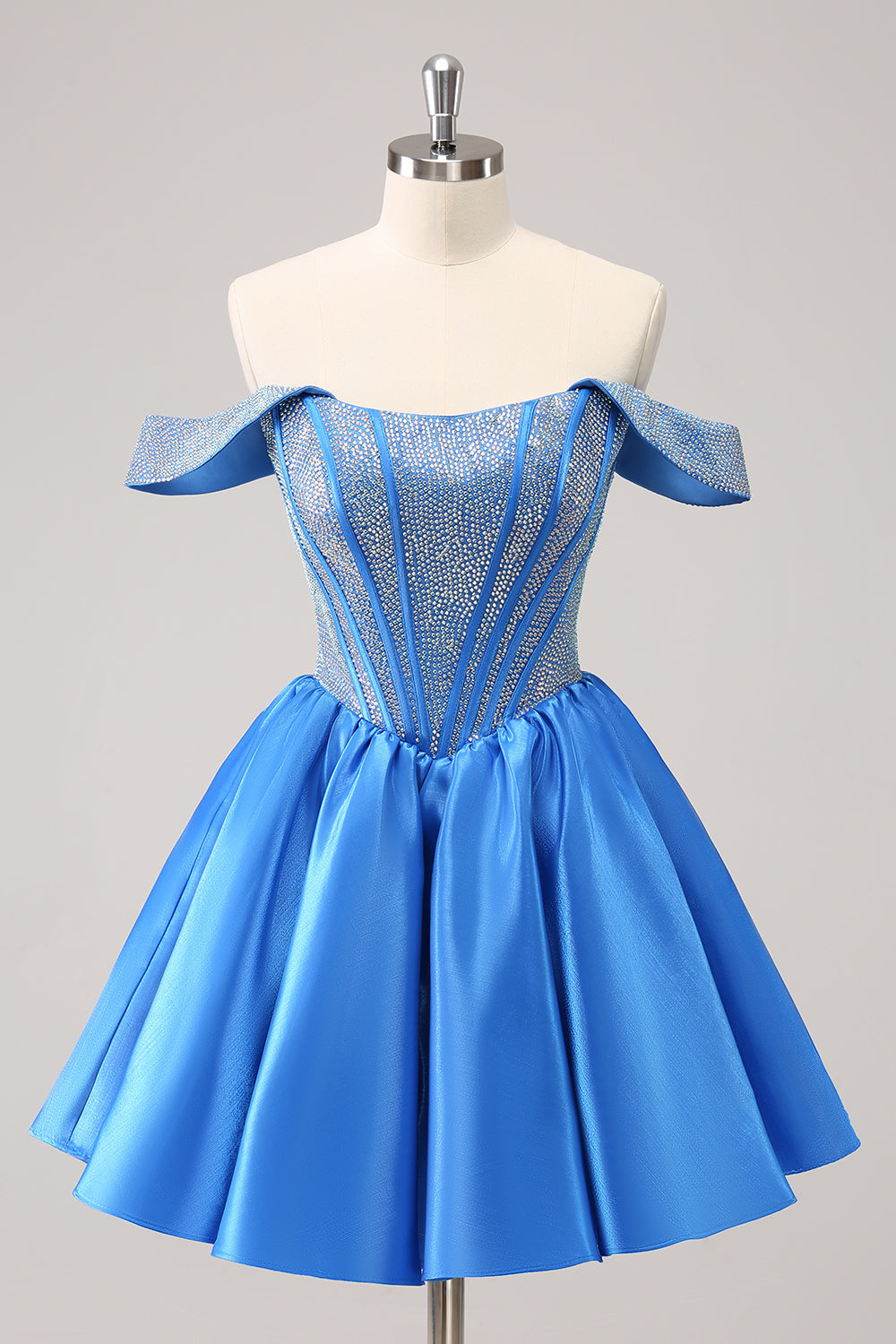 Berylove Women Sparkly Blue A-Line Homecoming Dress Off the Shoulder Beaded Satin Mini Party Dress Berylove Women Sparkly Blue A-Line Homecoming Dress Off the Shoulder Beaded Satin Mini Party Dress