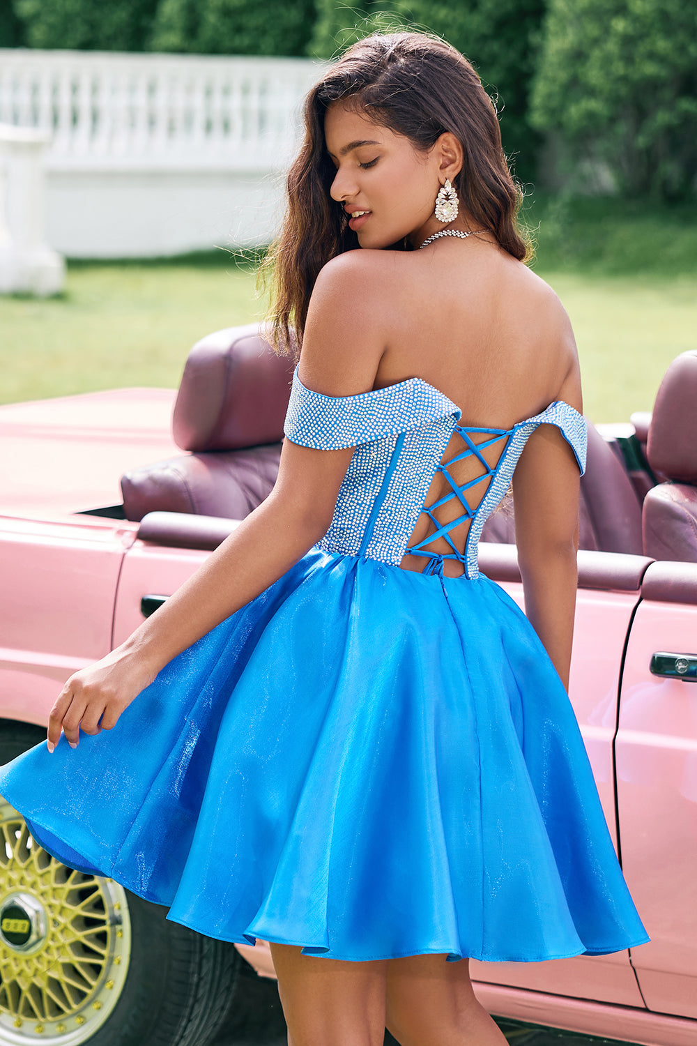 Berylove Women Sparkly Blue A-Line Homecoming Dress Off the Shoulder Beaded Satin Mini Party Dress, Blue / US24W Berylove Women Sparkly Blue A-Line Homecoming Dress Off the Shoulder Beaded Satin Mini Party Dress, Blue / US24W