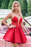 Cute Red Strapless Beaded Corset Pleated A Line Mini Dress