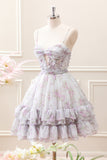 Lilac A-Line Floral Prints Ruffled Tiered Mini Dress