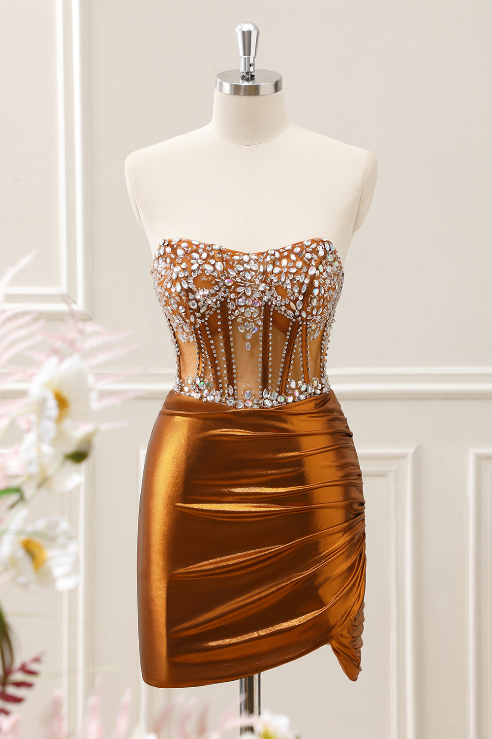 Berylove Women Copper Ruched Strapless Corset Homecoming Dress Sparkly Beading Cocktail Dress Berylove Women Copper Ruched Strapless Corset Homecoming Dress Sparkly Beading Cocktail Dress