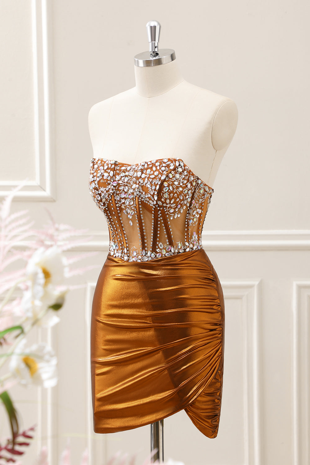 Berylove Women Copper Ruched Strapless Corset Homecoming Dress Sparkly Beading Cocktail Dress, Copper / US20W Berylove Women Copper Ruched Strapless Corset Homecoming Dress Sparkly Beading Cocktail Dress, Copper / US20W