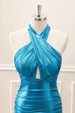 Metallic Tight Halter Backless Satin Blue Mini Dress