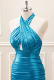 Metallic Tight Halter Backless Satin Blue Mini Dress