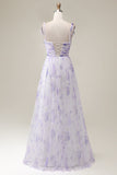 Lavender Flower A Line Spaghetti Straps Print Pleated Long Maxi Dress