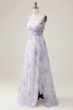 Lavender Flower A Line Spaghetti Straps Print Pleated Long Maxi Dress