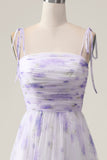 Lavender Flower A Line Spaghetti Straps Print Pleated Long Maxi Dress