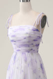 Lavender Flower A Line Spaghetti Straps Print Pleated Long Maxi Dress