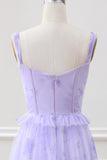 Lavender A Line Corset Spaghetti Straps Floral Tiered Maxi Dress