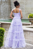 Lavender A Line Corset Spaghetti Straps Floral Tiered Maxi Dress