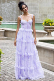 Lavender A Line Corset Spaghetti Straps Floral Tiered Maxi Dress