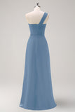 Dark Green Ruched A Line One Shoulder Maxi Dress with Slit