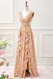 Yellow Small Flower A Line V Neck Pleated Ruffles Maxi Dress with Slit