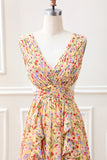 Yellow Small Flower A Line V Neck Pleated Ruffles Maxi Dress with Slit
