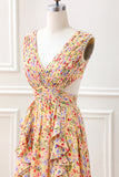 Yellow Small Flower A Line V Neck Pleated Ruffles Maxi Dress with Slit